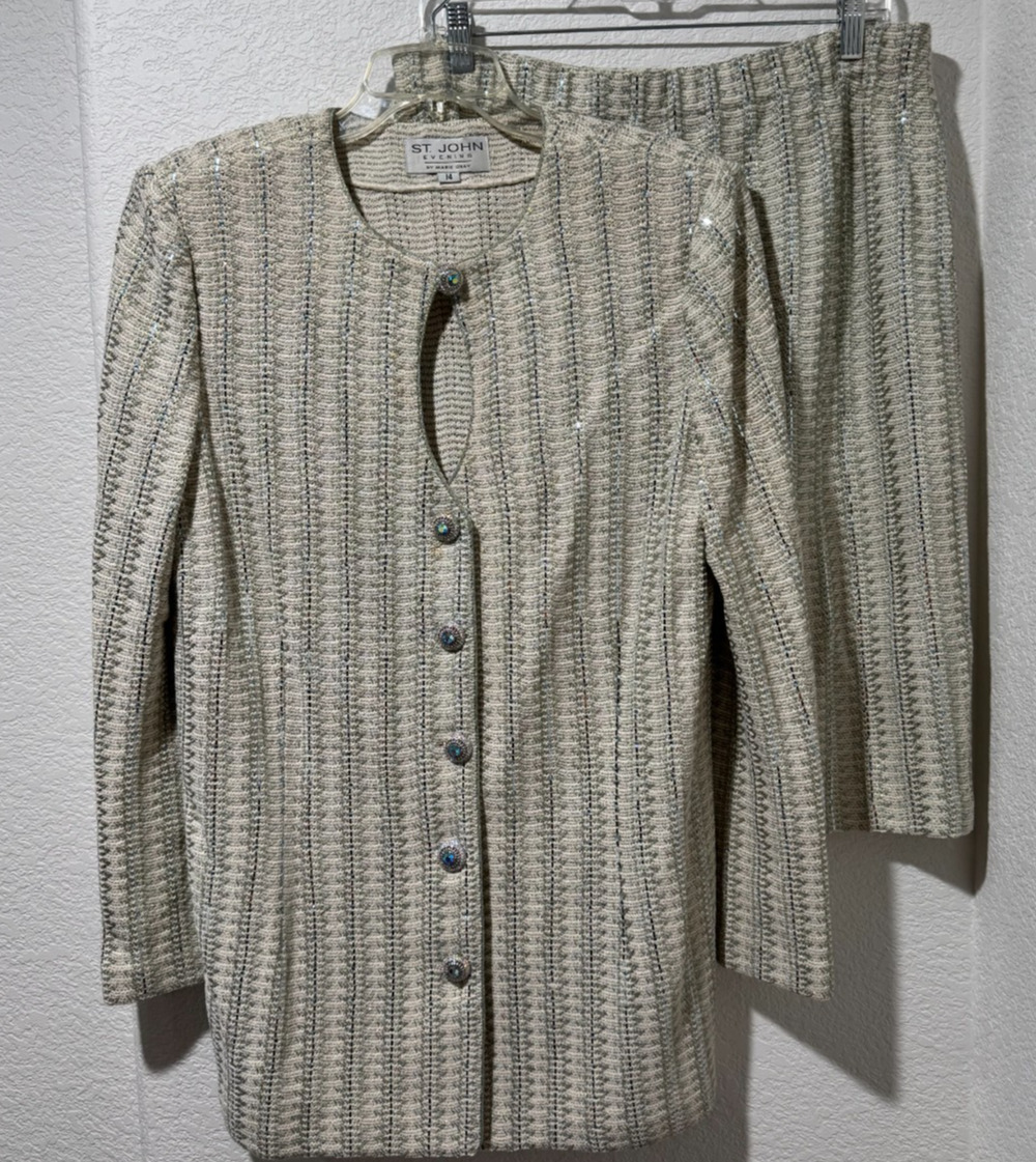 St John Evening Knit Cream Green Metallic Skirt Suit Rhinestones Sz 14 MOB MOG